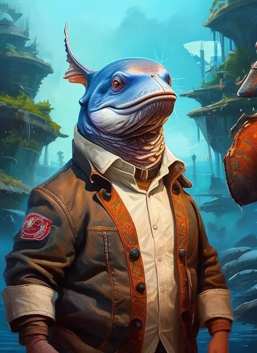 This image depicts a fish-like humanoid wearing a brown leather jacket and a white dress shirt with a red and white striped pattern. The fish-like humanoid has blue scales, red eyes, and a large mouth. It is standing in front of a blue background with several buildings in the distance.