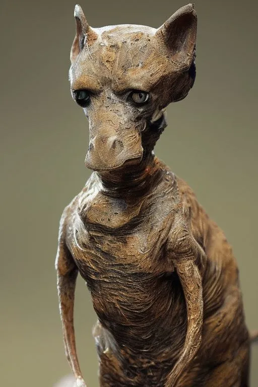 The image is a 3D rendering of a creature that looks like a kangaroo-dog hybrid. It has the body of a kangaroo, but the head of a dog. The creature is standing on its hind legs, and its arms are hanging by its side. The creature's fur is short and brown, and its skin is wrinkled. The creature's eyes are almond-shaped and dark brown. The creature's nose is long and pointed, and its mouth is closed. The creature's ears are large and pointed, and they are standing up. The creature's tail is long and thin, and it is hanging down.