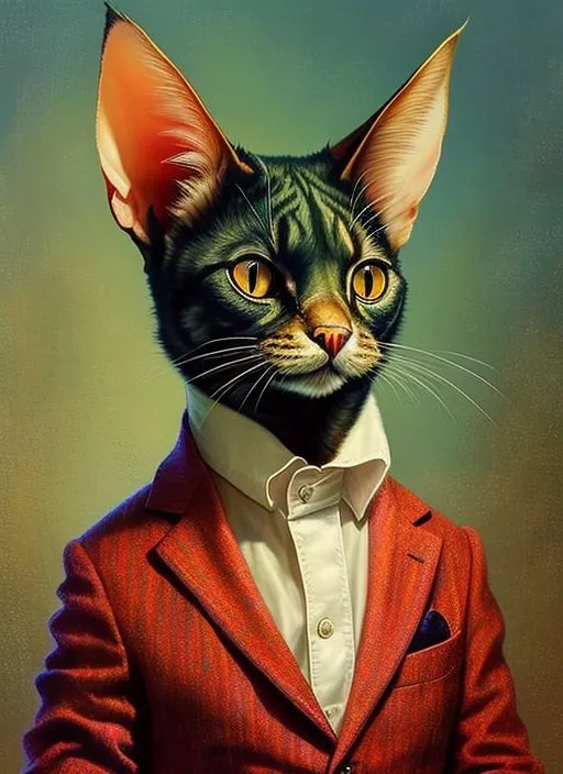 This image shows a cat wearing a suit and tie. The cat has its ears perked up and is looking at the viewer with a curious expression. It is wearing a white shirt with a red suit jacket. The suit jacket has a black lapel. The cat is also wearing a red tie with white polka dots. The background is a light green color.