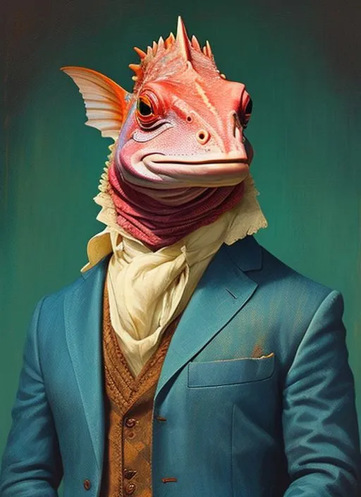 This image shows a humanoid fish wearing a blue suit, white vest, and cravat. The fish has red scales, a fin on its head, and a fish-like mouth. It is looking at the viewer with a serious expression. The background is a dark green color.