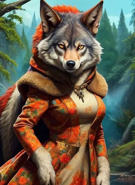 The image is of a wolf-like creature standing in a forest. The creature is mostly grey with orange fur on its head and shoulders. It is wearing a red and orange dress with a white camisole. The creature is looking at the viewer with a serious expression.