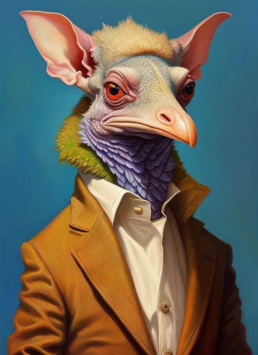 This image shows a portrait of a strange creature with the head of a bird and the body of a man. The creature is wearing a brown suit jacket and a white shirt with a collar. It has large, pointed ears and a long, thin beak. Its eyes are red and its skin is a light blue color. The creature is looking at the viewer with a curious expression.