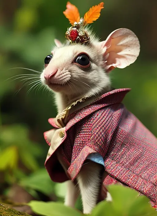 The image shows a small white rat wearing a red and pink jacket with a white collar and a gold and red crown on its head. The rat is sitting on a branch in front of a blurry background of green leaves. The rat is looking at the camera with its big black eyes.