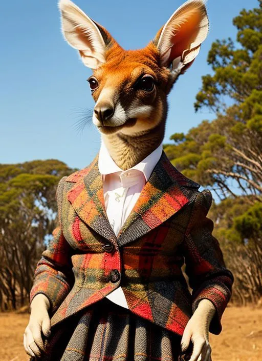 The image shows a kangaroo wearing a suit. The kangaroo is standing on its hind legs and has its arms crossed in front of it. It is wearing a white shirt, a red, green, and brown plaid jacket, and a brown skirt. The kangaroo is standing in a field of grass and trees. There are trees in the background. The sky is blue, and the sun is shining.