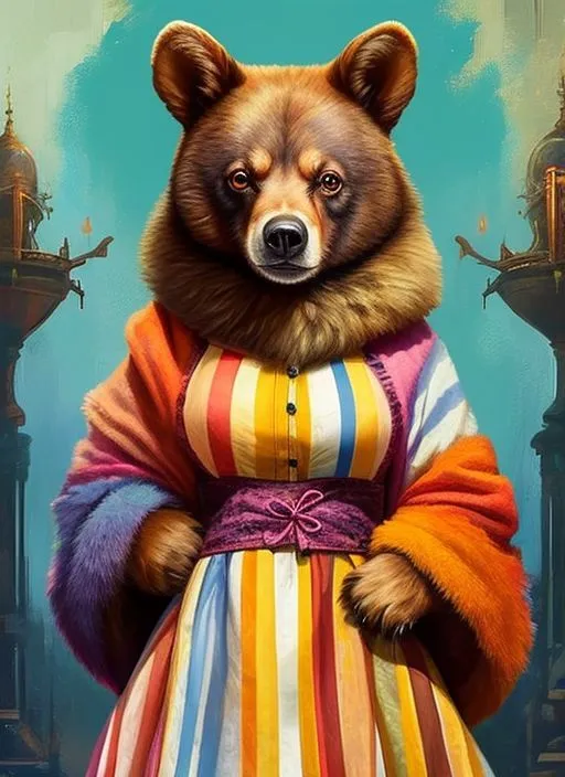 La imagen es una pintura de un oso vestido con un vestido colorido. El oso está de pie sobre sus patas traseras y tiene las patas apoyadas en el estómago. Lleva un vestido a rayas rosa y morado con un fajín amarillo y un abrigo de piel con cuello de piel. El oso tiene una expresión seria en el rostro y mira al espectador con sus ojos marrones oscuros. El fondo es de color azul verdoso con dos farolas a cada lado del oso.