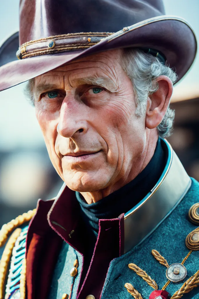 The image shows a man in a cowboy hat. He has gray hair and blue eyes. He is wearing a blue military coat with gold epaulettes and a red turtleneck sweater. He has a serious expression on his face.