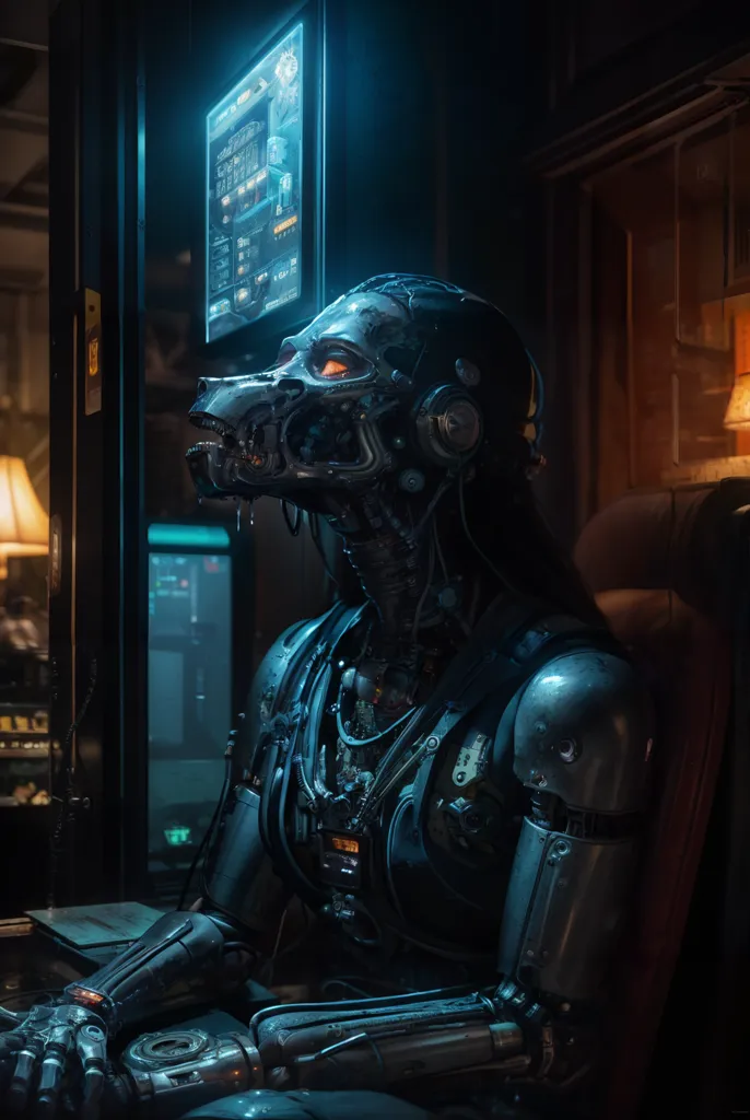 The image is a dark and moody portrait of a cyborg. The cyborg is sitting in a chair, with its head turned to the side. It has a metallic face, with a glowing red eye. The rest of its body is made up of a mix of metal and flesh. It is wearing a dark suit, and its hands are resting on its lap. In the background, there is a large window, and a city can be seen outside. The image is full of detail, and the artist has used a variety of techniques to create a realistic and immersive scene.