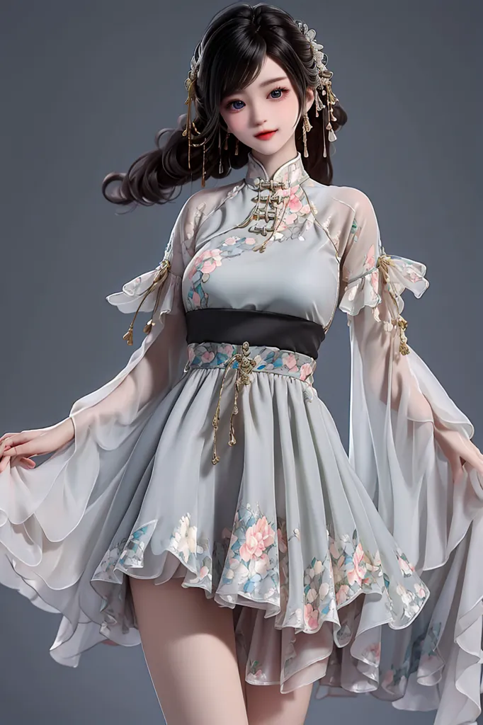 The image shows a young woman wearing a 旗袍(qipao), a traditional Chinese dress. The dress is light grey with floral patterns and has a high collar. The woman has long black hair and blue eyes and is wearing traditional Chinese hair accessories. She is also wearing a belt with a golden buckle. The background is a solid gray