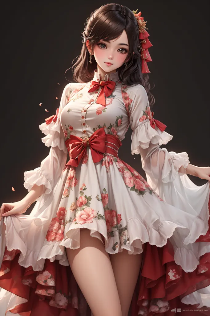 La imagen muestra a una hermosa mujer joven con cabello castaño largo y ojos marrones. Lleva un vestido floral blanco y rojo con un gran lazo rojo en el pecho. El vestido tiene un cuello alto y mangas largas. La parte inferior del vestido tiene volantes y tiene una enagua roja. También lleva lazos rojos y blancos en el cabello. Está de pie con los pies a la altura de los hombros y las manos extendidas, mostrando su vestido. Tiene una sonrisa suave en su rostro.