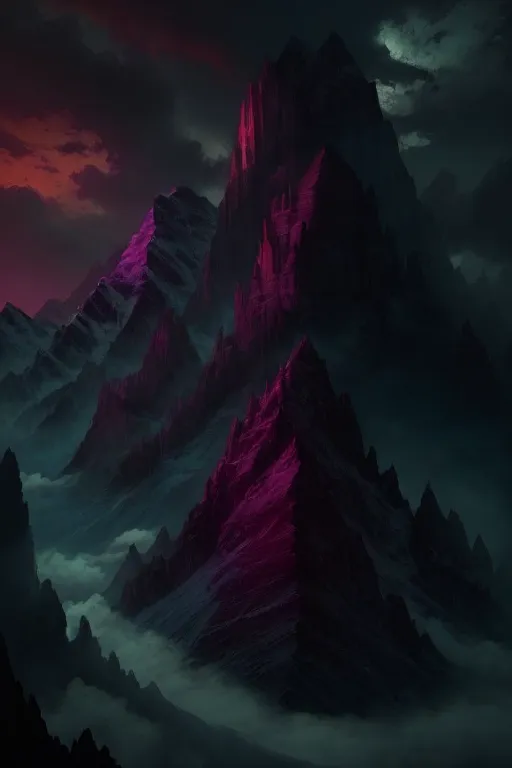 The image is a dark fantasy landscape. There are tall, jagged mountains in the background, and a dark, cloudy sky. The mountains are lit by a pink light, which gives them an eerie glow. The foreground is dark and shadowy. There is a dark purple fog that covers the ground. The image is full of mystery and suspense, and it leaves the viewer wondering what lurks in the shadows.