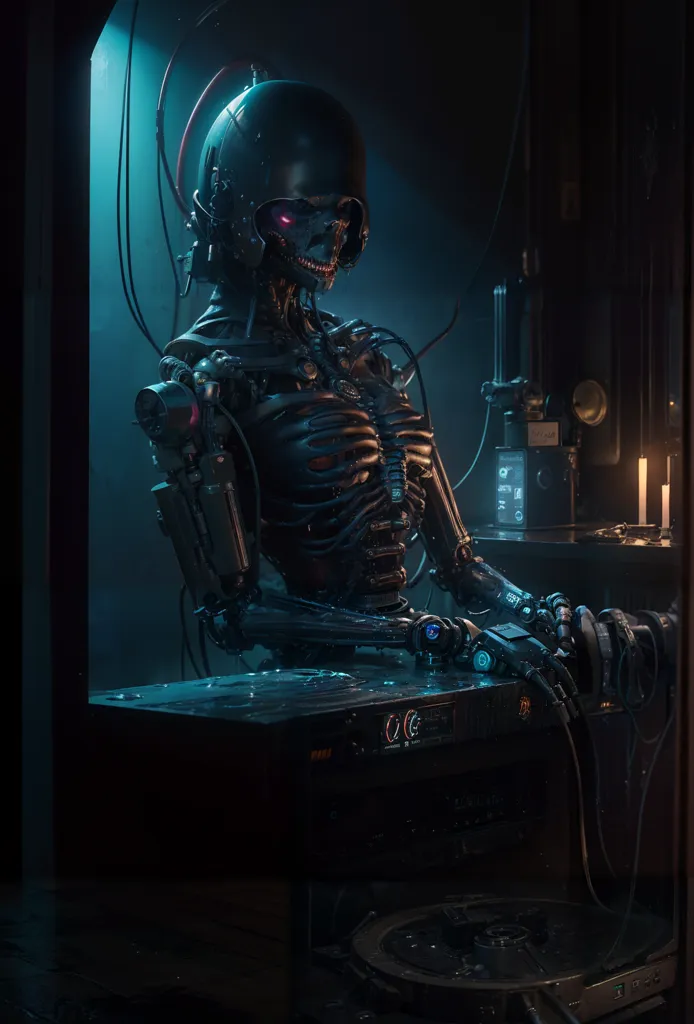 The image is a dark and moody portrait of a cyborg. The cyborg is sitting in a chair, its head turned to the side so that we can see its face. Its eyes are glowing red, and its skin is pale and metallic. The cyborg's body is made up of a variety of mechanical parts, including a metal skeleton, hydraulics, and wires. It is wearing a black leather jacket and a pair of headphones. The background of the image is dark and shadowy, with a single candle providing illumination. The image is full of contrast, with the bright red of the cyborg's eyes and the dark shadows of the background creating a sense of tension and unease.