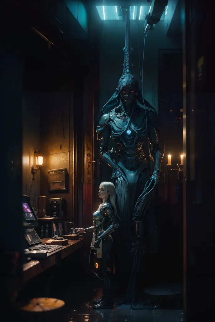 The image is a dark and moody science fiction scene. A tall, slender woman with long blonde hair and glowing blue eyes is standing in a dimly lit room. She is wearing a black bodysuit with a white collar. In front of her is a large, hulking figure with a metallic body and glowing red eyes. It is unclear what the figure is, but it appears to be some kind of robot or cyborg. The woman is looking at the figure with a mixture of awe and fear. The room is decorated with various technological gadgets and gizmos. There is a large computer terminal on one wall, and a number of strange machines and devices on the other. The overall atmosphere of the image is one of mystery and intrigue. It is unclear what is happening, but it is clear that something important is about to happen.