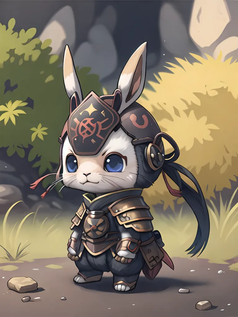 The image is of a rabbit wearing a samurai helmet and armor. The rabbit is standing on a grassy field, and there are trees and rocks in the background. The rabbit has blue eyes and a black nose, and its ears are perked up. It is wearing a red and white scarf around its neck, and its armor is decorated with gold trim. The rabbit is holding a sword in its right hand, and it looks like it is ready to attack.