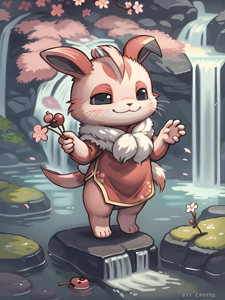 The image is of a cute cartoon animal standing on a rock in a river. The animal is pink and white, with large ears and a fluffy tail. It is wearing a red and white outfit and is holding a branch with red berries in its paws. The background of the image is a waterfall, with pink flowers blooming in the trees.