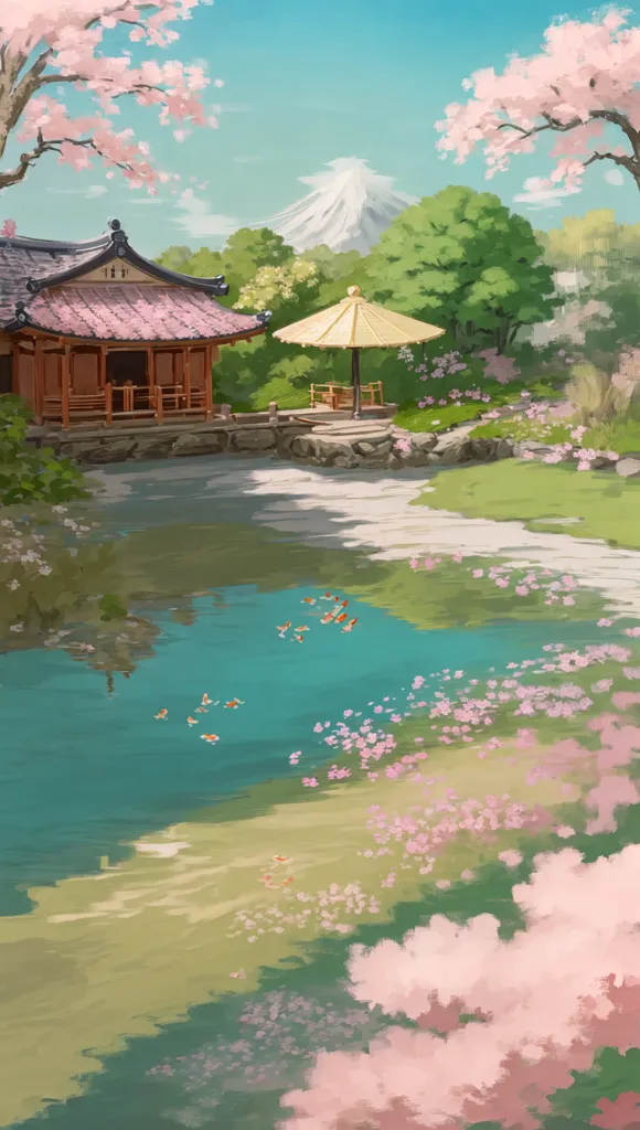 The image is a beautiful landscape of Japan. There is a traditional Japanese house with a red roof and white walls. The house is surrounded by a garden with cherry blossom trees. The cherry blossom trees are in full bloom and their delicate pink and white flowers are scattered on the ground. There is a pond in the foreground of the image with orange koi fish swimming in it. The pond is surrounded by lush green grass and there are a couple of trees in the background. In the background of the image there is a mountain range with snow-capped peaks. The sky is a clear blue and there are a few clouds dotting the sky. The image is peaceful and serene and captures the beauty of the Japanese landscape.