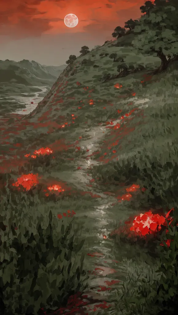 The image is a painting of a landscape. The sky is dark with a red moon. There is a mountain in the background. The foreground is a field of red flowers with a path leading through it.