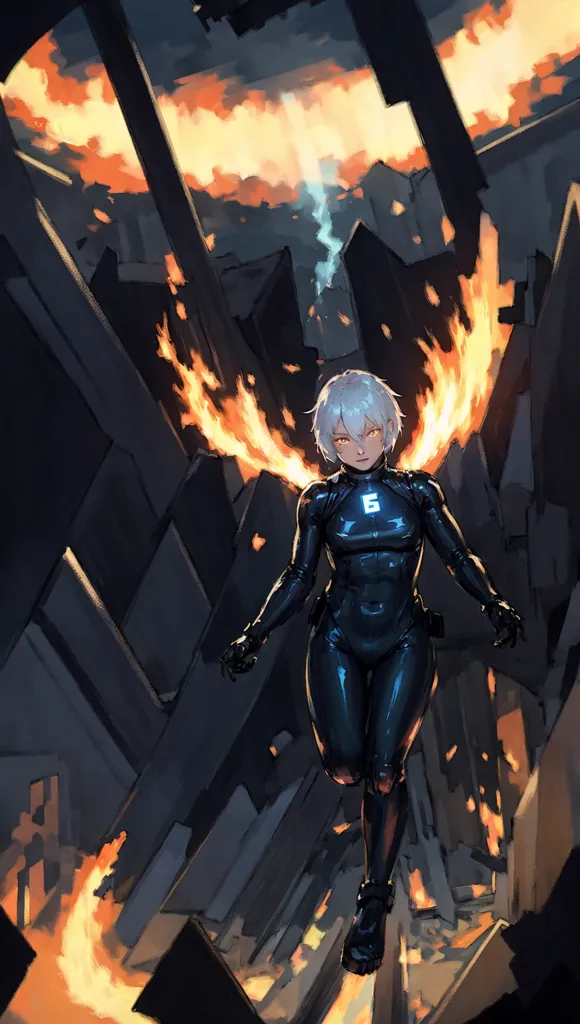 This is an illustration of a person with white hair and black and blue bodysuit with fire wings. The person is standing in a destroyed city. There are flames and debris all around. The person is looking at the viewer with a determined expression.