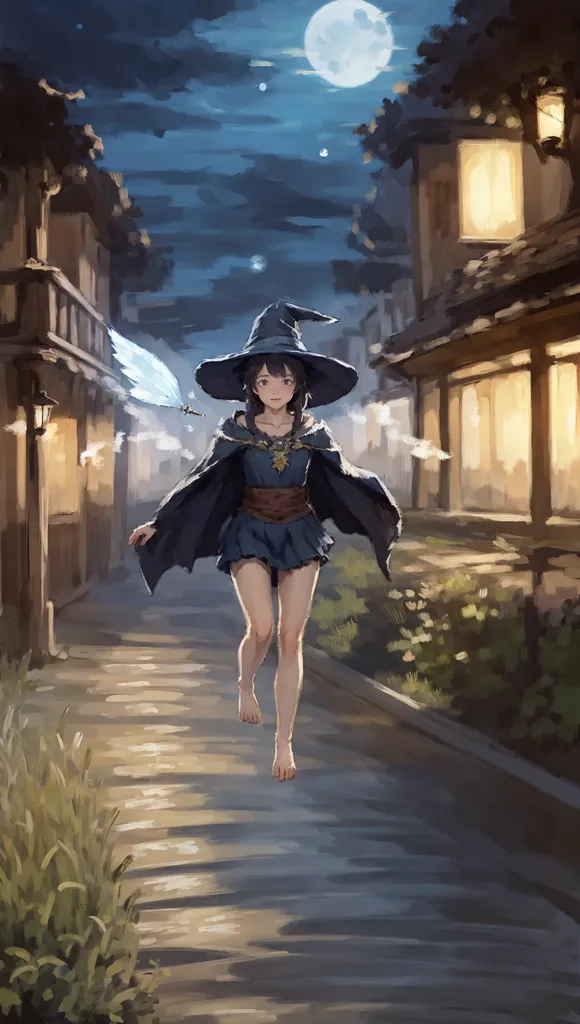 The image is a painting of a young barefoot girl with long brown hair and blue eyes. She is wearing a blue skirt and a large brown witch hat. She is running down a street in a medieval town. The street is lined with half-timbered houses and there is a full moon in the sky. The girl is carrying a staff in her right hand and there is a small blue creature with wings flying next to her.