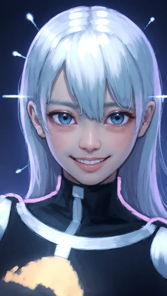 The image is a portrait of a young woman with long white hair and blue eyes. She is smiling and has a happy expression on her face. She is wearing a black and white bodysuit with a high collar. The background is dark blue with some bright spots.