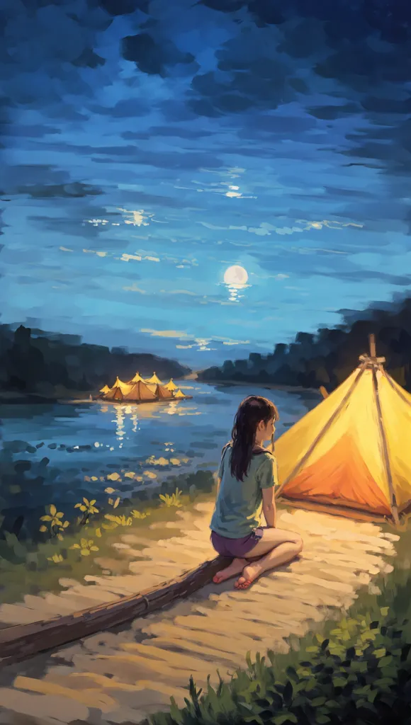 The image is of a girl camping by a river. The girl is wearing a green shirt and shorts and is sitting on a log. She has her feet in the water and is looking out at the river. There is a tent behind her and several other tents on the opposite side of the river. The sun is setting and the moon is rising. The sky is dark blue and the water is reflecting the light of the moon and stars. The image is peaceful and serene.