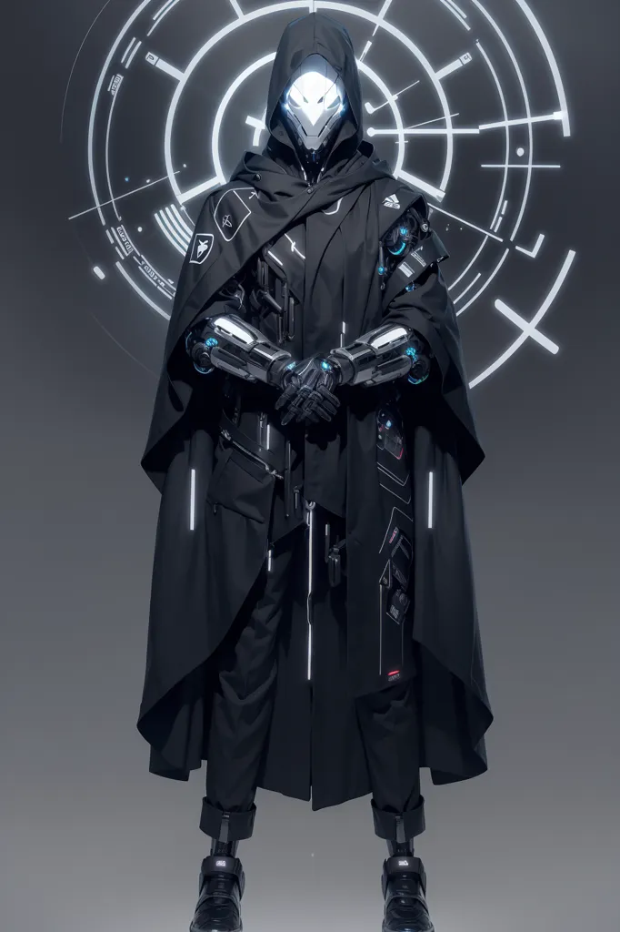 The image is of a person in a black cloak with a hood. The person is wearing a white mask with a blue light on the right side of the mask. The person is also wearing black gloves and black boots. The person is standing in front of a white background with a blue circle in the middle. The person is holding their hands together in front of them.