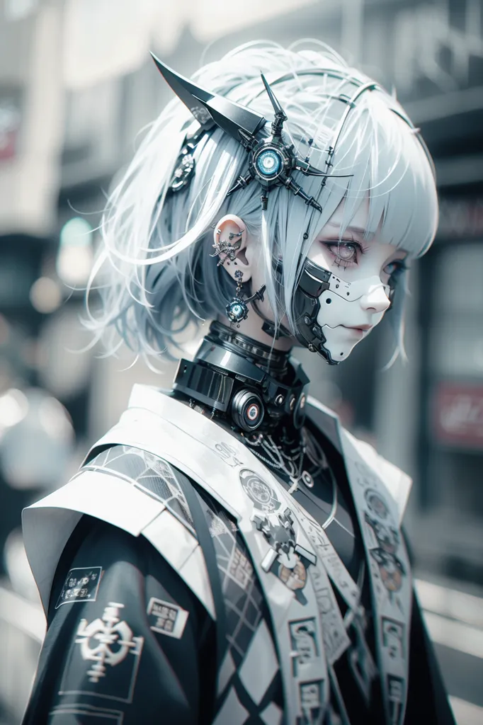 The picture shows a young woman with white hair and black eyes. She is wearing a white and black outfit and has a metal mask on her face. There are some metal accessories on her head and neck. She looks like a cyborg or a robot.