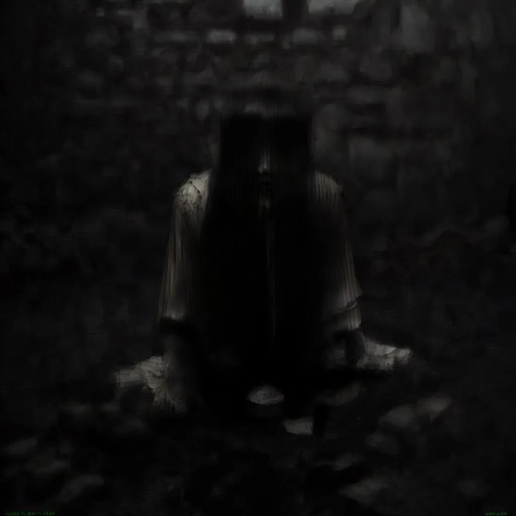 The image is in black and white. It depicts a figure in a long white dress with long black hair standing in a dark place. The figure's face is obscured by the hair. The figure appears to be looking down at something or someone.