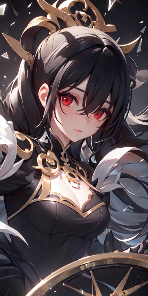 The image is a portrait of a young woman with long black hair and red eyes. She is wearing a black and gold dress with a white cape. She has a serious expression on her face. There is a golden halo around her head and she is surrounded by a dark background.