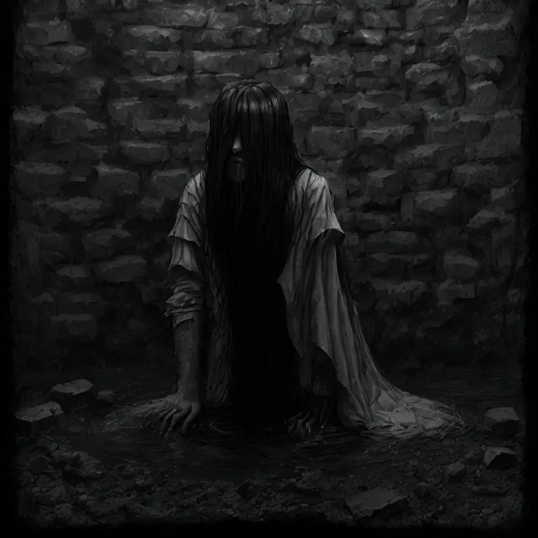 The image is in black and white. It shows a figure with long black hair and a white dress. The figure is crawling on the ground with its hands outstretched. The background is a brick wall. The figure's face is obscured by its hair, but its eyes are visible and they are wide with fear. The image is creepy and has a sense of dread.