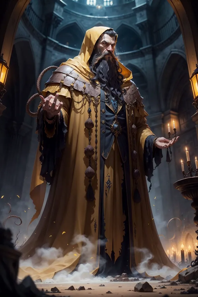 The image shows a tall, bearded man in a yellow robe with ornate golden trim standing in a dark, stone room. He has a confident expression on his face and is holding his hands out in front of him, with a glowing orb of light floating above his open palms. He is wearing a blue vest with white trim underneath the robe and has a golden necklace with a large blue gem in the center hanging around his neck. He also has a brown leather belt with several small pouches attached to it around his waist. The room is lit by several candles and there is a large stone pillar in the background.