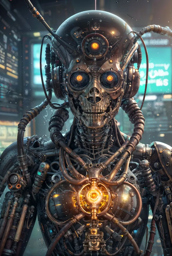 The image is a digital painting of a steampunk robot. The robot is made of metal and has a skull for a head. It is wearing a pair of goggles and has a lot of wires and tubes attached to its body. The background of the image is a city at night.