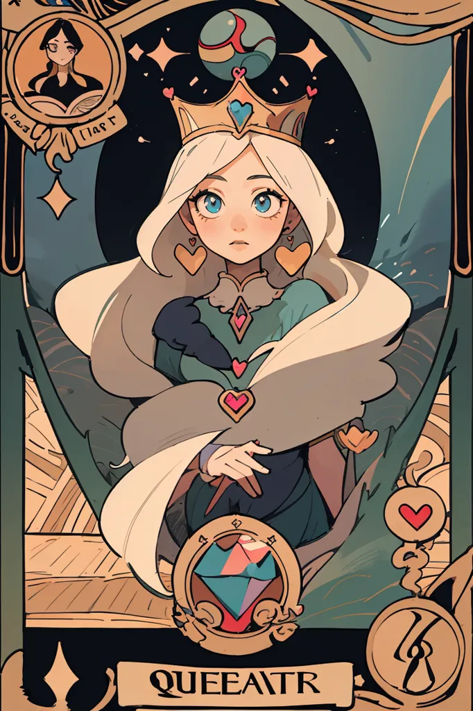 This is an illustration of a queen. She has long white hair and blue eyes. She is wearing a gold crown and a blue dress with a white fur collar. There are also hearts on her dress. She is standing in front of a green curtain. There is a small picture of a woman with long brown hair in the upper left corner of the illustration. The word "QUEENTR" is written in the bottom center of the illustration.