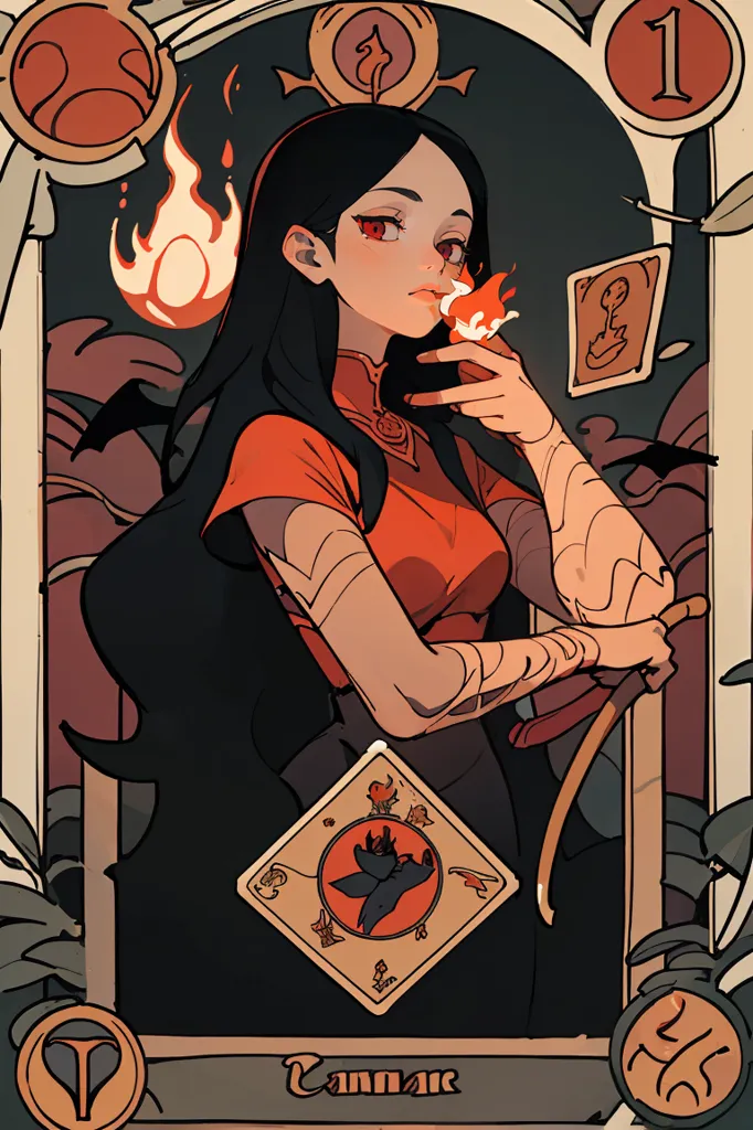 The image is of a young woman with long black hair and red eyes. She is wearing a red dress with a white collar and has a red and white headband in her hair. She is holding a tarot card in her right hand and has a lit candle in her left hand. There is a small flame floating above her head. The background is of a dark blue night sky with a crescent moon and stars.