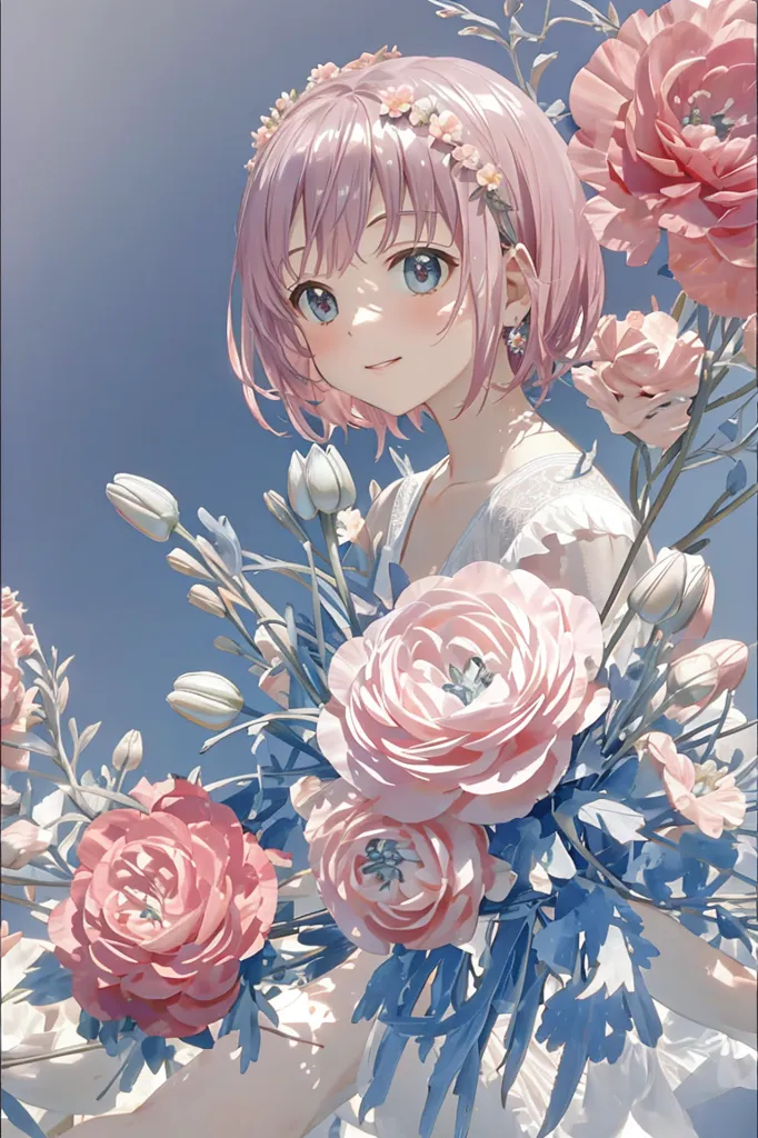 The image is a painting of a young girl with pink hair and blue eyes. She is wearing a white dress and is surrounded by pink and blue flowers. The background is a light blue color. The girl is smiling and has a happy expression on her face. The painting is done in a realistic style and the colors are vibrant and bright.