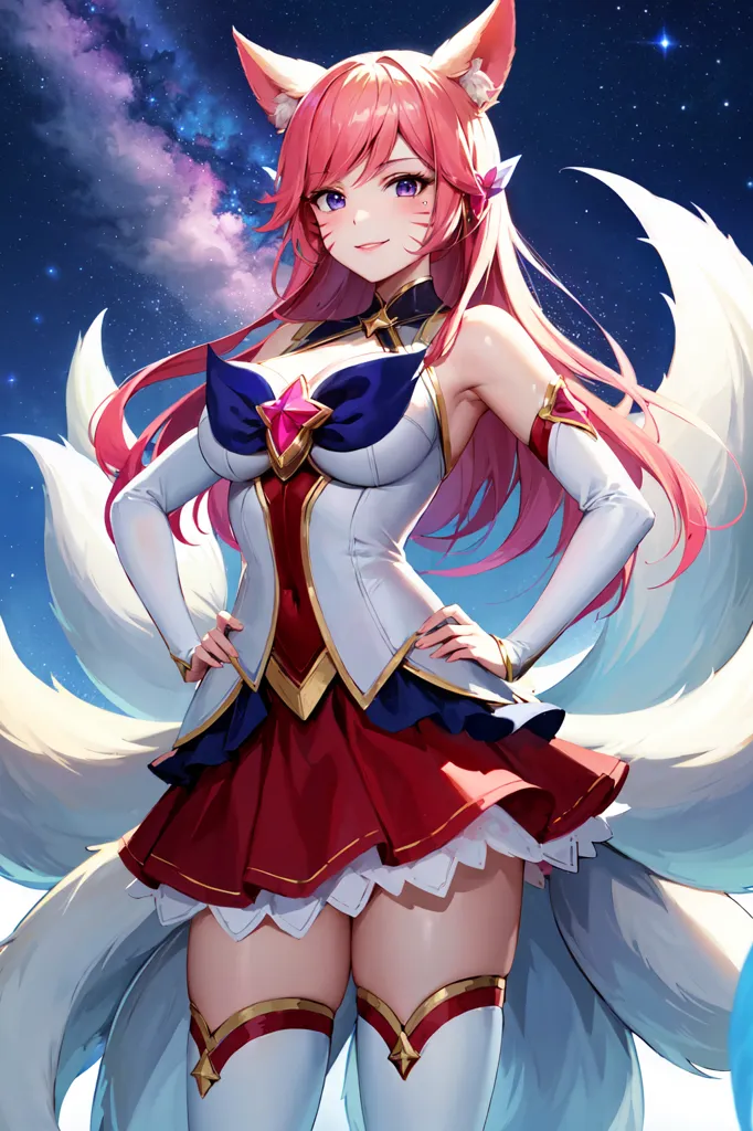 The image is of a young woman with pink hair and fox ears. She is wearing a white and red dress with a blue bow on her chest. She has a confident smile on her face and is standing with her hands on her hips. She has nine tails that are a mix of white and pink. There are stars in the background along with a blue and purple sky.