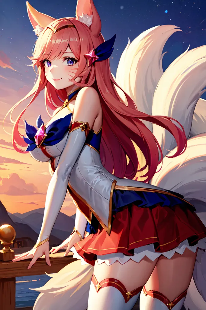 The image is of a young woman with long, flowing pink hair and fox ears. She is wearing a white and red outfit with a blue gem in the center. She has a confident smile on her face and is standing on a railing, looking out at the view. The background is a sunset over a lake, with mountains in the distance.