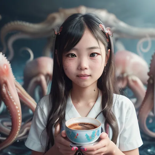 A young girl with long dark hair is drinking from a teacup. She is wearing a white shirt and has pink barrettes in her hair. She is surrounded by octopuses.