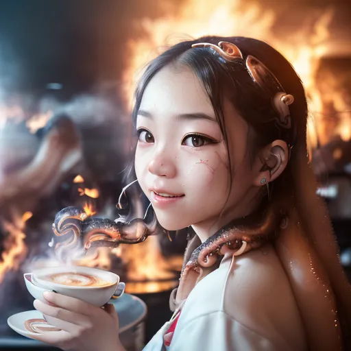 The image shows a young girl with long black hair and brown eyes. She is wearing a white shirt and has an octopus-like creature wrapped around her head and neck. The octopus has its tentacles wrapped around a coffee cup which the girl is holding. The background is a fiery orange color. The girl has a happy expression on her face.