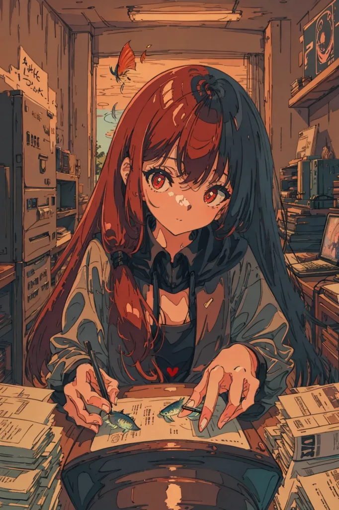 A girl with long red and black hair is sitting at a desk in an office, drawing two fish. She is wearing a blue shirt and a black vest. There are papers and books all over the desk, and a computer on the floor. The walls are covered in shelves, and there is a window in the background.