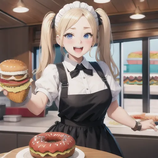 The image shows a young woman with long blonde hair tied in two ponytails. She is wearing a white shirt, black bow tie, and black apron. She has a cheerful expression on her face and is holding a large burger in her right hand and a donut on a plate with her left hand. She is standing in what appears to be a fast food restaurant.