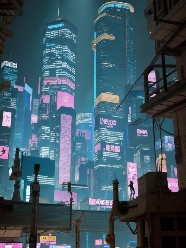 The image is a dark and moody cityscape. The buildings are tall and imposing, and the streets are crowded with people. The lights of the city are reflected in the puddles on the ground, and the air is thick with the sound of traffic. The image is full of contrast, with the bright lights of the city contrasting with the dark shadows of the buildings. The overall effect is one of mystery and intrigue. It is unclear what time of day it is, but the city is still very much awake. There are people walking around, and the buildings are still lit up. The city looks very futuristic, with its tall buildings and advanced technology.