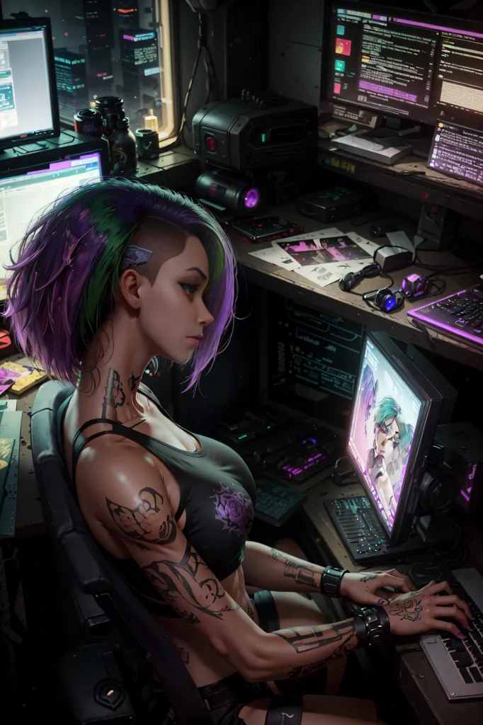 A young woman is sitting in a dark room, surrounded by computers and other electronic equipment. She has green and purple hair, and multiple tattoos on her arms and neck. She is wearing a black tank top and shorts. She is sitting in a chair in front of a computer, and she is typing on the keyboard. There are multiple screens around her, and they are all displaying different information. The woman is focused on her work, and she does not seem to be aware of the camera.