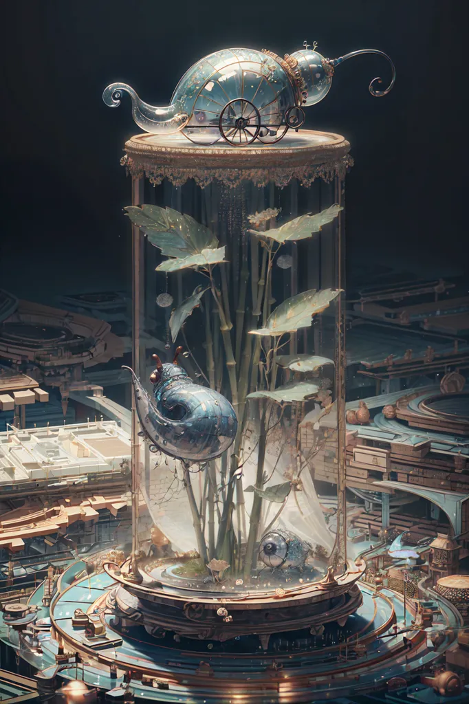 The image is a steampunk terrarium. It is a glass cylinder with a metal base and lid. Inside the cylinder is a small, fantastical garden. There is a blue snail-like creature with clockwork legs, several green plants, and a small blue and white carriage. The garden is lit by a warm light. The terrarium is placed on a wooden table in a steampunk city.