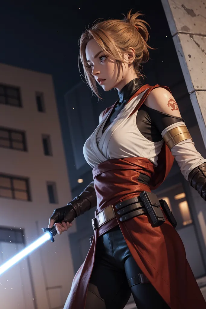 The image shows a young woman, probably in her early 20s, with short blond hair tied in a ponytail, fair skin, and gray eyes. She is wearing a white and red outfit and a brown belt with a silver buckle. She is also wearing a brown glove on her right hand and a black glove on her left hand. She is holding a blue lightsaber in her right hand. She is standing in front of a stone building with a blue light on the ground. There is a city in the background.