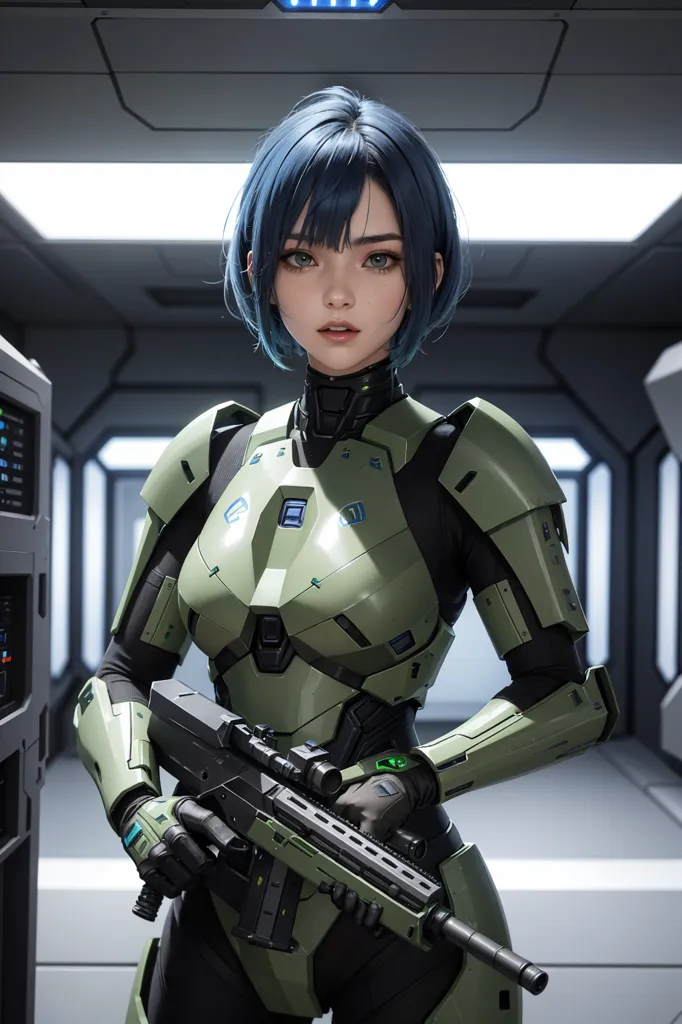 A woman in a green and black bodysuit and combat armor is standing in a futuristic hallway. She has short blue hair and green eyes. She is holding a gun.