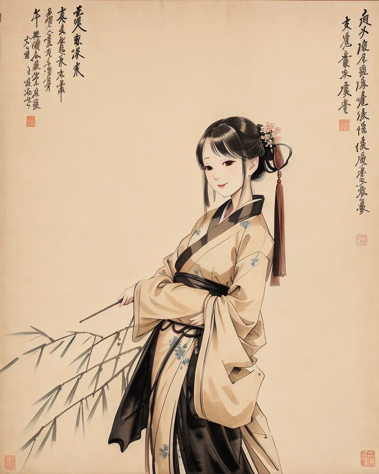 La imagen es una pintura de una mujer china con un vestido tradicional Hanfu. Ella está de pie frente a plantas de bambú. La mujer se representa como joven y hermosa, con el cabello negro largo y una sonrisa suave. Lleva una bata de color amarillo pálido con un estampado floral azul y blanco y un largo fajín rosa. La bata tiene mangas anchas y está ceñida a la cintura. La mujer también lleva varios accesorios para el cabello, incluyendo un pasador de flor rosa y un largo borla roja. La pintura está hecha en un estilo realista, y el artista ha prestado mucha atención al detalle. La expresión de la mujer es serena y tranquila, y parece estar perdida en sus pensamientos. La pintura es una obra de arte hermosa y evocadora, y captura la belleza y la gracia de la mujer china.