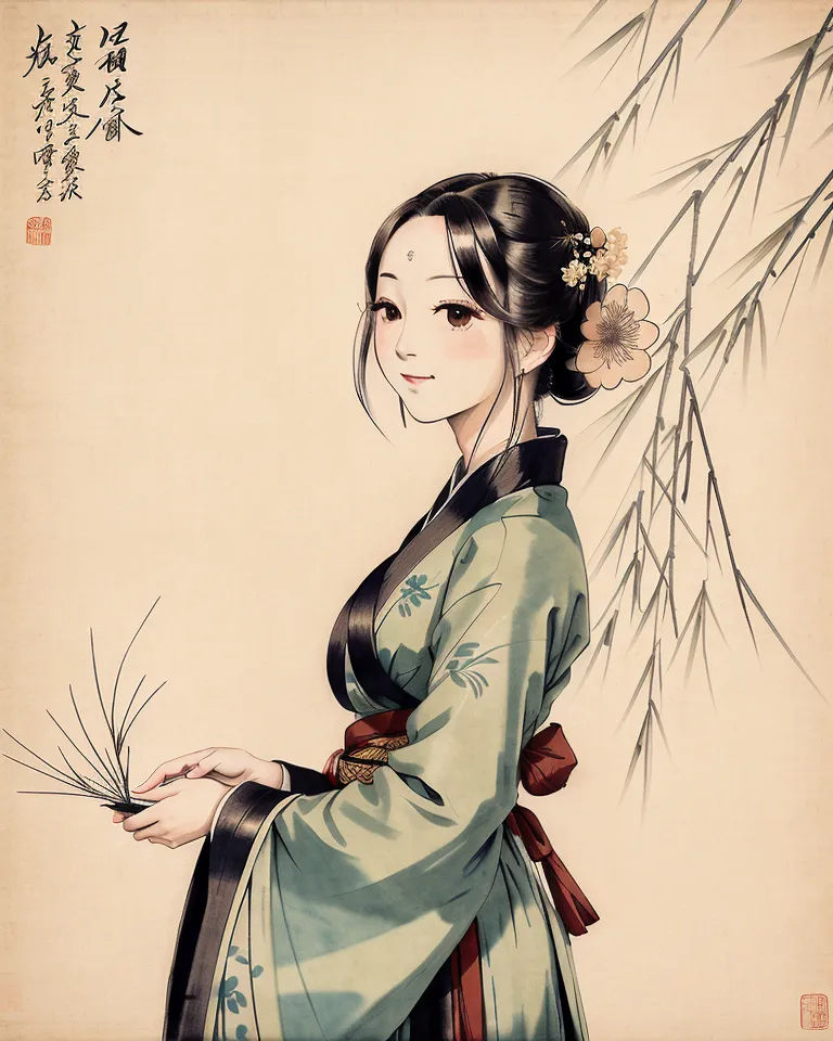 L'image est une peinture d'une jeune femme vêtue d'un costume traditionnel chinois. Elle se tient debout devant une forêt de bambous. La femme porte une robe verte avec une écharpe rouge et a de longs cheveux noirs. Elle tient un plumeau dans sa main droite. L'arrière-plan de la peinture est d'un jaune pâle avec un poème écrit en calligraphie chinoise.