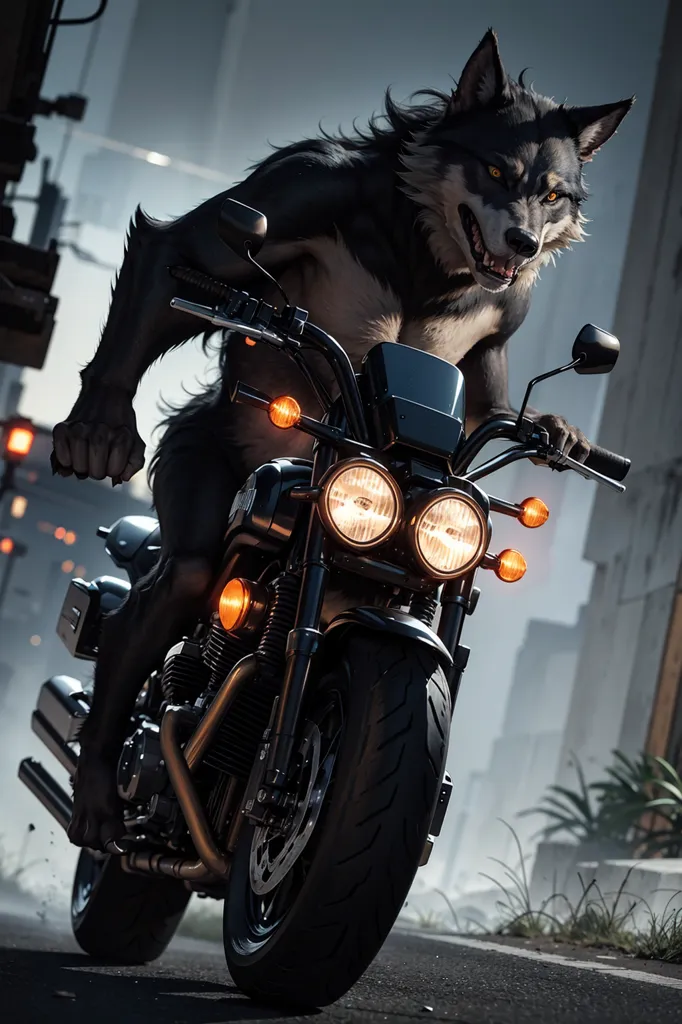 The image is a digital painting of a wolf riding a motorcycle. The wolf is wearing a black leather jacket and a helmet. It has its paws on the handlebars and is looking straight ahead. The motorcycle is black and has a chrome engine. The background is a blurred cityscape.