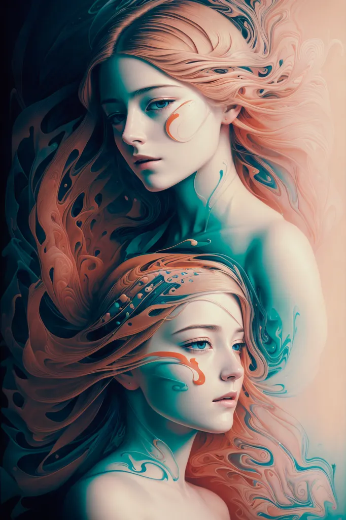 L'image est une peinture de deux belles femmes aux longs cheveux ondulants. La femme de gauche a les cheveux roux et les yeux bleus, tandis que la femme de droite a les cheveux bleus et les yeux oranges. Les femmes se tiennent l'une près de l'autre, et leurs cheveux sont entrelacés. L'arrière-plan est de couleur bleu foncé, et la peau des femmes est de couleur bleu clair. La peinture est réalisée dans un style réaliste, et les visages des femmes sont très détaillés.