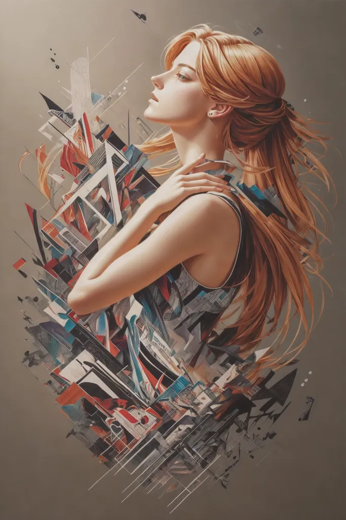 The image is a portrait of a young woman with long red hair. She is wearing a white tank top and has her hand on her shoulder. The background is a collage of abstract shapes and colors. The woman's expression is pensive and thoughtful.